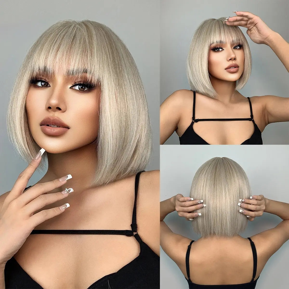 sengpan Short Straight White Platinum Wigs for Women Short Bob Synthetic Wig With Bangs Shoulder Length Heat Resistant Cosplay Wig