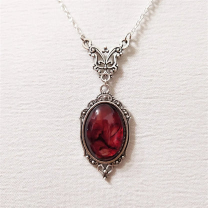 sengpan Gothic Blood Red Quartz Charm Necklace Oval Pendant Necklace For Women Halloween Vampire Embossed Witch Jewelry Vintage Chokers