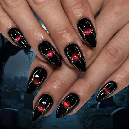 sengpan 24Pcs short black halloween almond wearable fake nails with red rhinestone design simple nail art full cover nail tips for girls