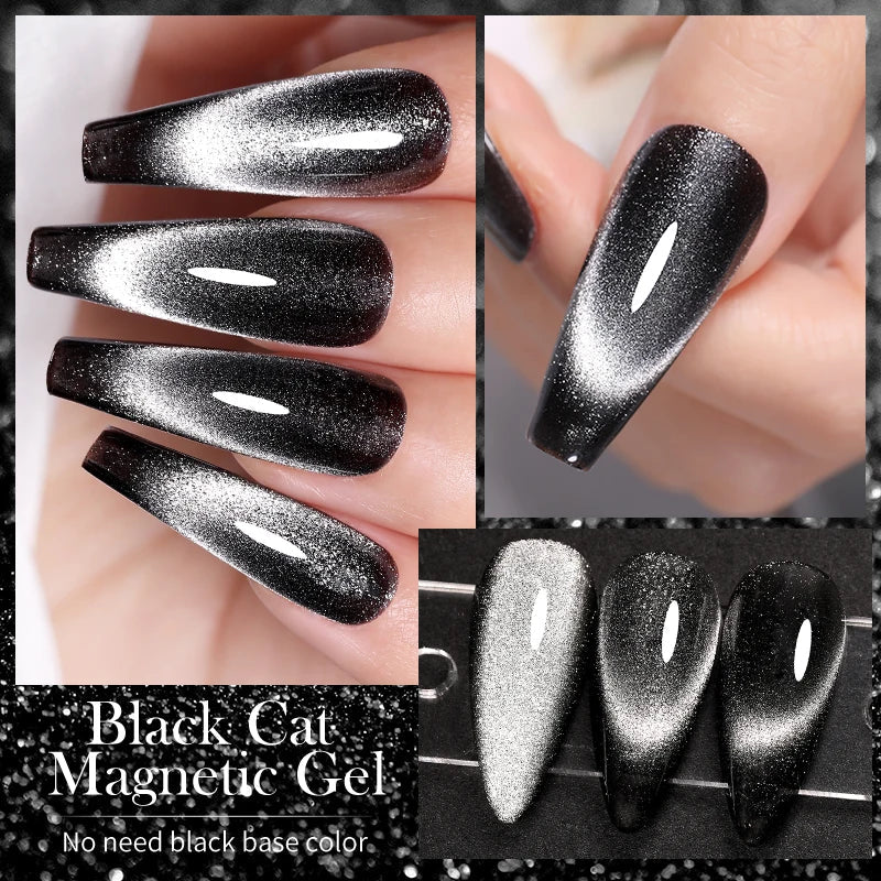 sengpan 7ML Black Crystal Cat Magnetic Gel Sparkling Glitter Gel Nail Polish Semi Permanent UV Gel Nail Art No Need Base Color