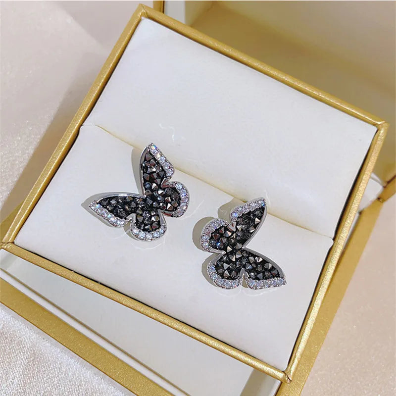 sengpan Inlaid Zircon Black Crystal Silver Colour Butterfly Earrings Women's Personality Fashion Earrings Wedding Jewelry Birthday Gifts