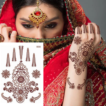 sengpan Brown Henna Temporary Tattoos for Women Henna Design Stickers for Hand Neck Body Art for Wedding Flora Hena Tattoo Waterproof