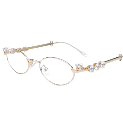 sengpan Women's Punk Retro Silver Anti Blue Light Eyewear Rhinestone Stainless Steel Oval Frame Glasses Girl Reading Seaside Spectacles