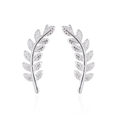 sengpan Trendy CZ Crystal Leaf Feather Earrings Ear Climber Stud Earrings For Women Everyday Jewelry Jacket Ear Cuff Piercing Bronics