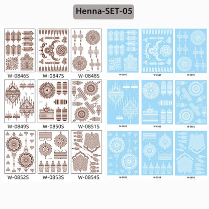 sengpan 9Pcs Brown Henna Temporary Tattoos for Women Henna Tattoo Sticker for Hand Body Art Moroccan Mehndi Design Tattoo Fake Hena