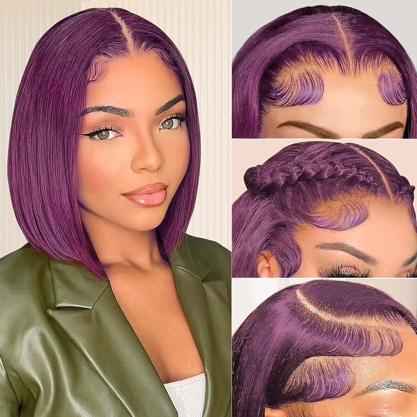 sengpan Dark Purple Short Bob Wigs Human Hair Burgubdy Straight Bob Wigs Grape Purple 13x4 HD Lace Frontal Wigs Brazilian Human Hair Wig