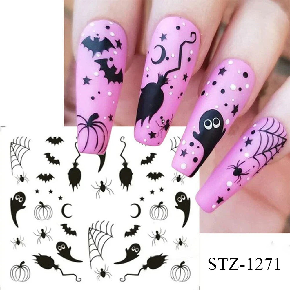 sengpan Halloween Nail Art Stickers Evil Pumpkin 3D Nail Decals Cartoon Skull Water Transfer Sticker DIY Festival Nail Decorations