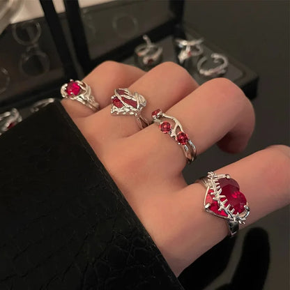 sengpan Vintage Red Enamel Cross Open Rings For Women Men Punk Hip Hop Irregular Lava Texture Rings Y2K Aesthetic Jewelry