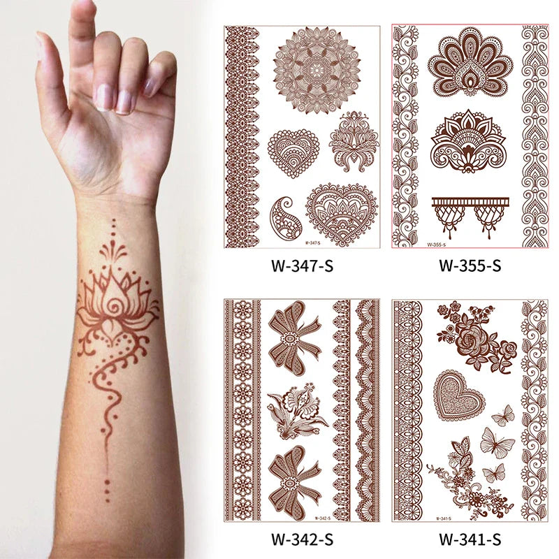 sengpan Brown Henna Lace Temporary Tattoos Sticker For Women Mehndi Stickers for Hand Neck Body Feather Flora Henna Tattoo Waterproof