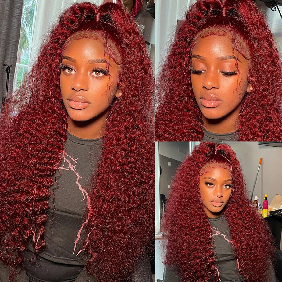 sengpan Burgundy Human Hair Lace Frontal Wigs Colored 99j Red Wig For Women Brazilian 13x4 Deep Wave 30 Inch Water Wave Lace Front Wig