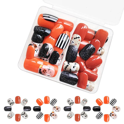 sengpan 48pcs/set Cute Ghost & Pumpkin Halloween Press-On Nails-Glossy Short Square Festive Designs Fake Nails for Women and Girls Wear