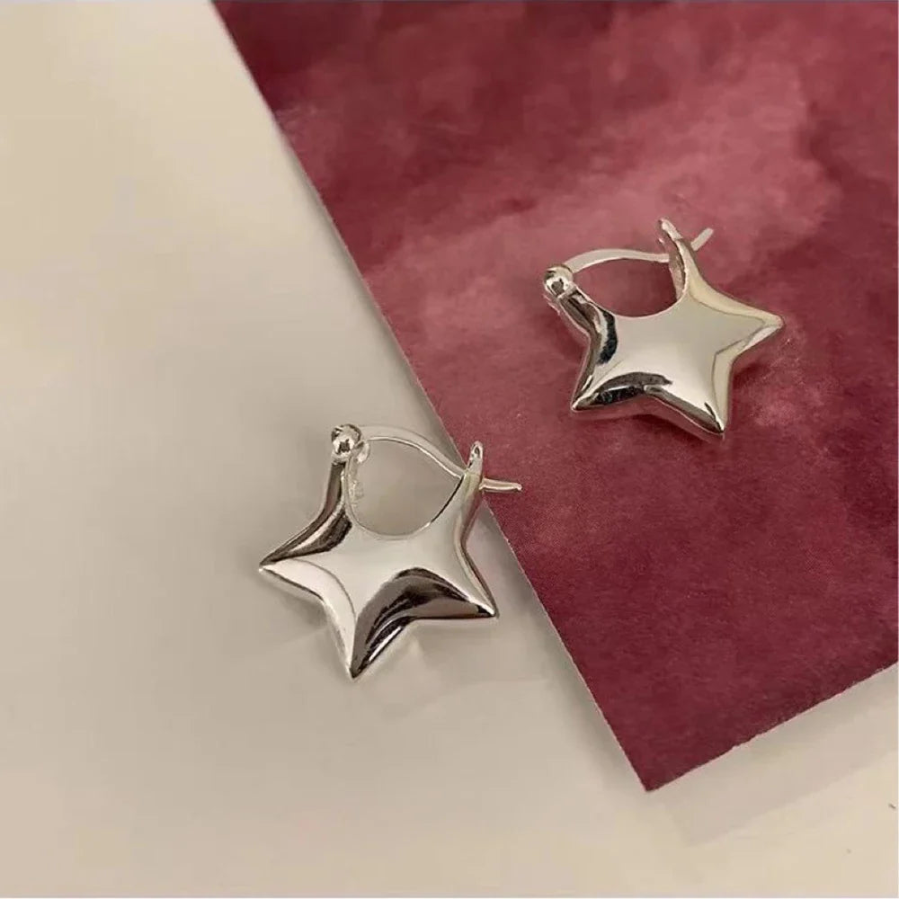 sengpan Retro Y2K Silver Plated Puffy Star Shape Earrings Dainty Huggies Earrings for Women Egirl Earrings Birthday Gifts