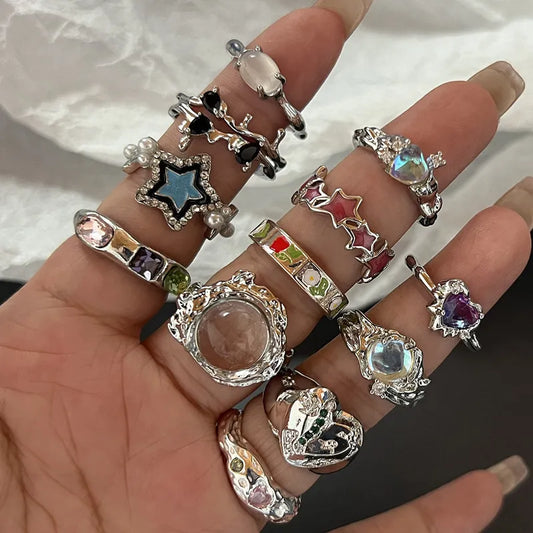 Lianfudai Y2K Crystal Rings Kpop Heart Adjustable Ring Irregular Geometry Punk Vintage Rings Set for Women Girls New Fashion Jewelry