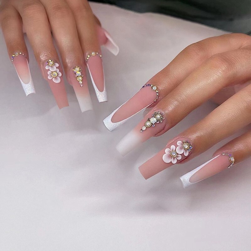 Lianfudai current nail trends 2023  24Pcs False Nails with Glue Long Ballet Fake Nails French Butterfly Flower Rhinestone Design Press on Nails Wearable Nail Tips