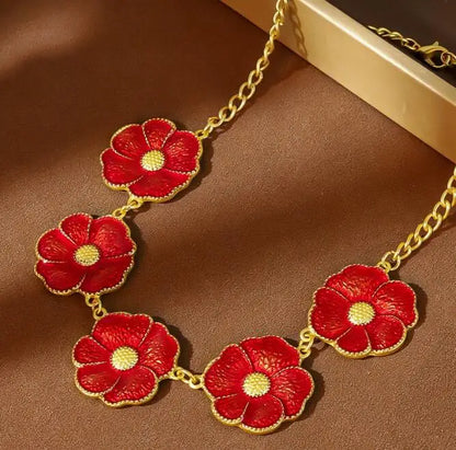 Lianfudai New Retro Flower Red and White Earrings Necklace Set