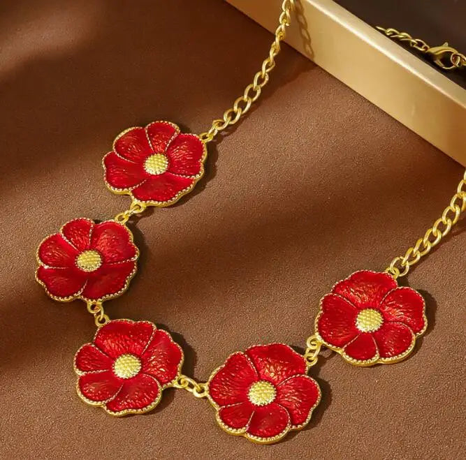 sengpan New Retro Flower Red and White Earrings Necklace Set