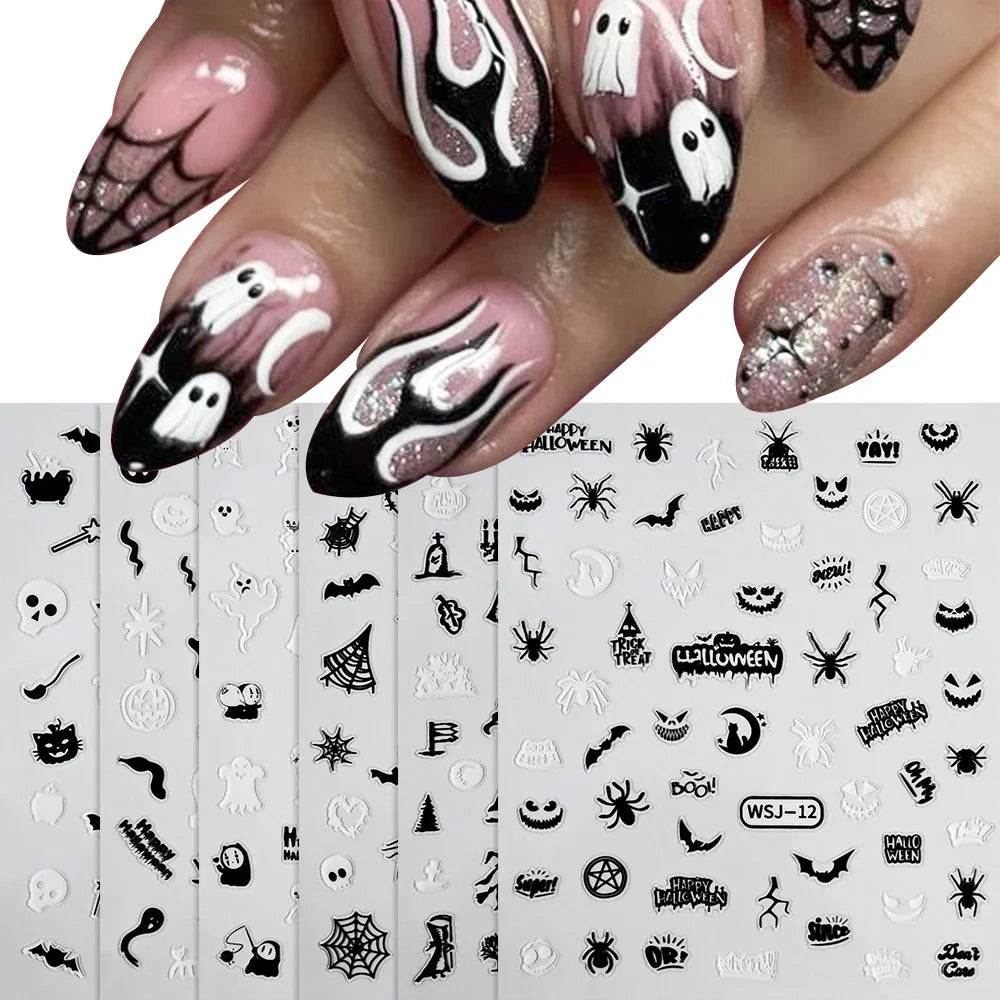 sengpan 6Pcs/Lot Glow In The Dark Halloween 3D Nail Stickers Luminous Spider Web Skull Self Adhesive Sliders Manicure Finger Tips Decals