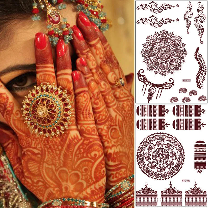 sengpan Brown Henna Stickers for Hand Temporary Henna Tattoos for Women Fake Tatoo Waterproof Mehndi Designs Wedding Tattoo Hena