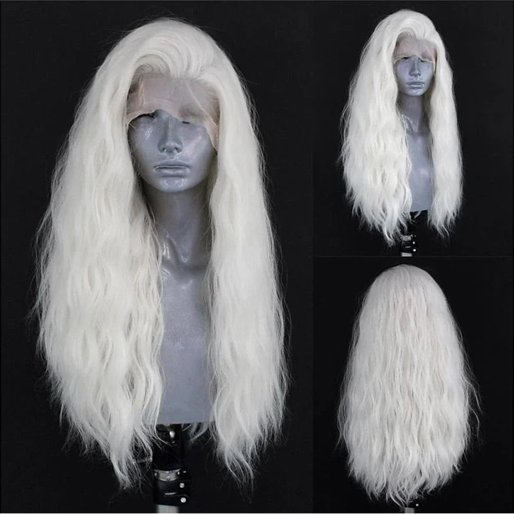 sengpan White Loose Body Wave Synthetic Wig Long Wavy Lace Front Wigs for Women Cosplay Costume Party Hair Wig