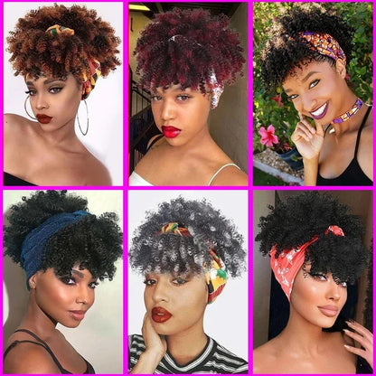 sengpan Short Kinky Curly Headband Wigs  Afro Puff Curly Headband Wig For Women Natural Synthetic Turban Wrap Wig  Cosplay Daily Use