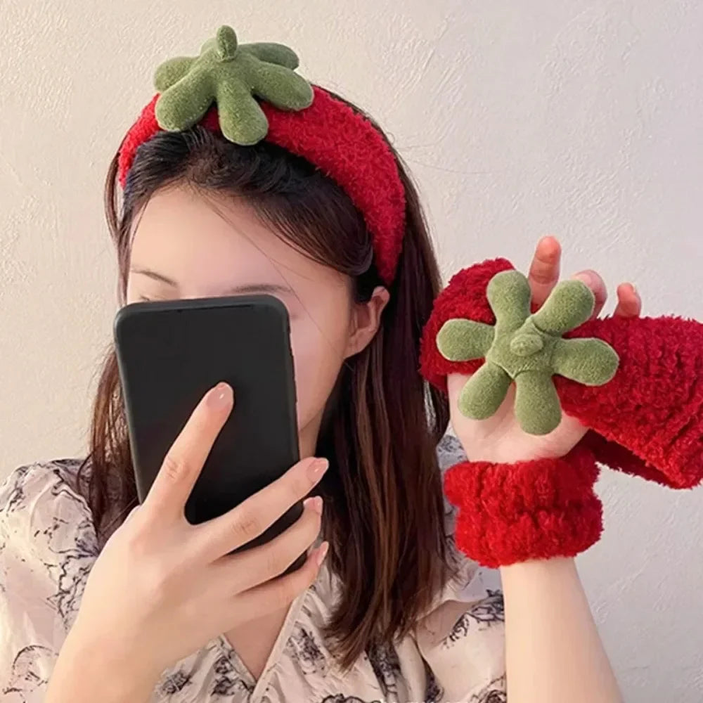 sengpan Red Fleece Hairbands Cute Strawberry Leaves Hair Hoops Wrist Strap Girls Lovely Headbands Christmas Ornament Hair Accessories