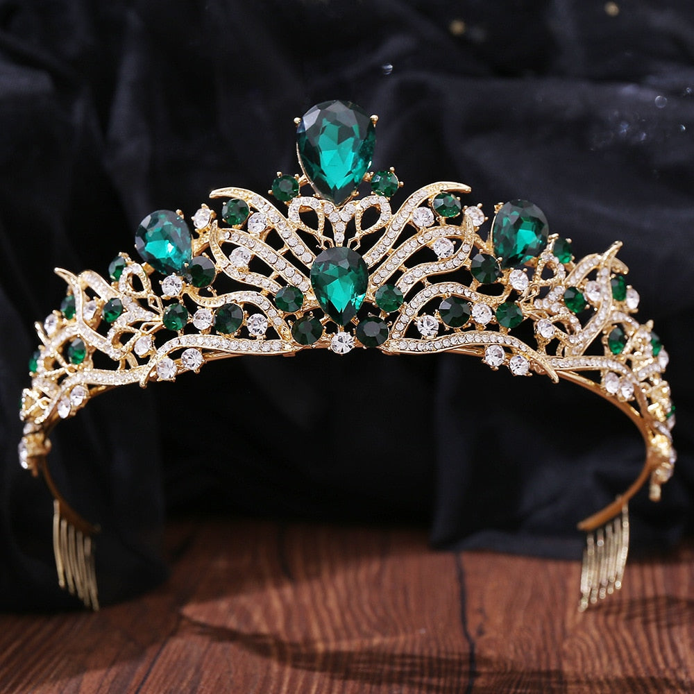 sengpan bridal jewelry set for wedding Baroque Drop Green Red Crystal Bridal Tiaras Vintage Golden Rhinestone Pageant Diadema Crowns With Comb Wedding Hair Accessories