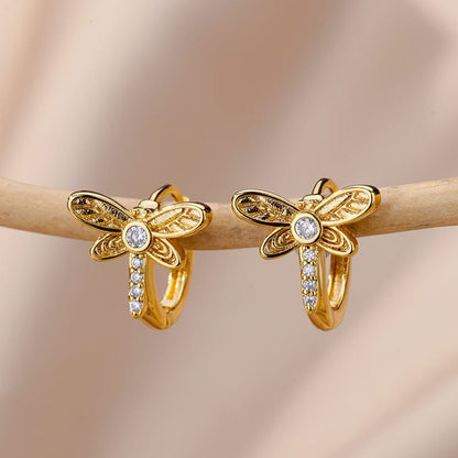 sengpan Zircon Dragonfly Butterfly Hoop Earrings For Women Stainless Steel Insect Piercing Earring Cute Vintage Wedding Jewelry aretes