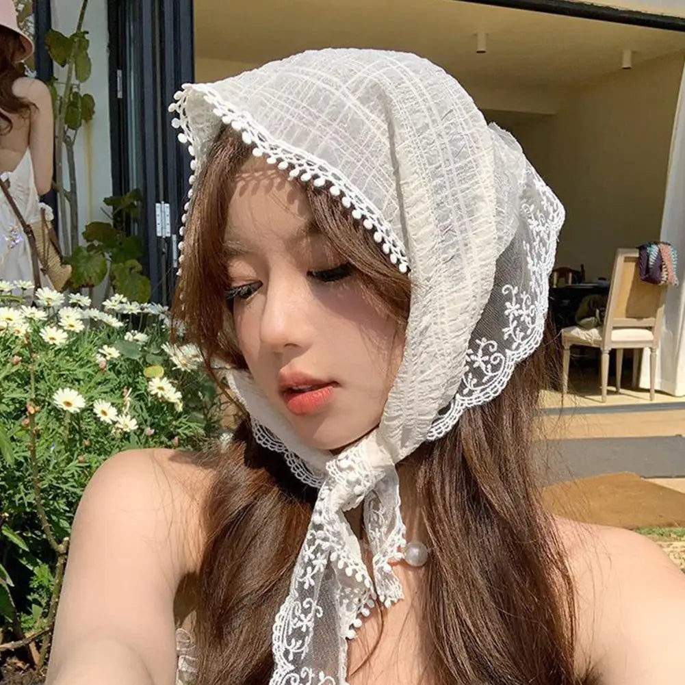 sengpan Summer Lace Triangle Headscarf Woman Headwear Korean Square Scarf Headband Hair Accessories Sweet Turban Cap Girl Court Bonnet