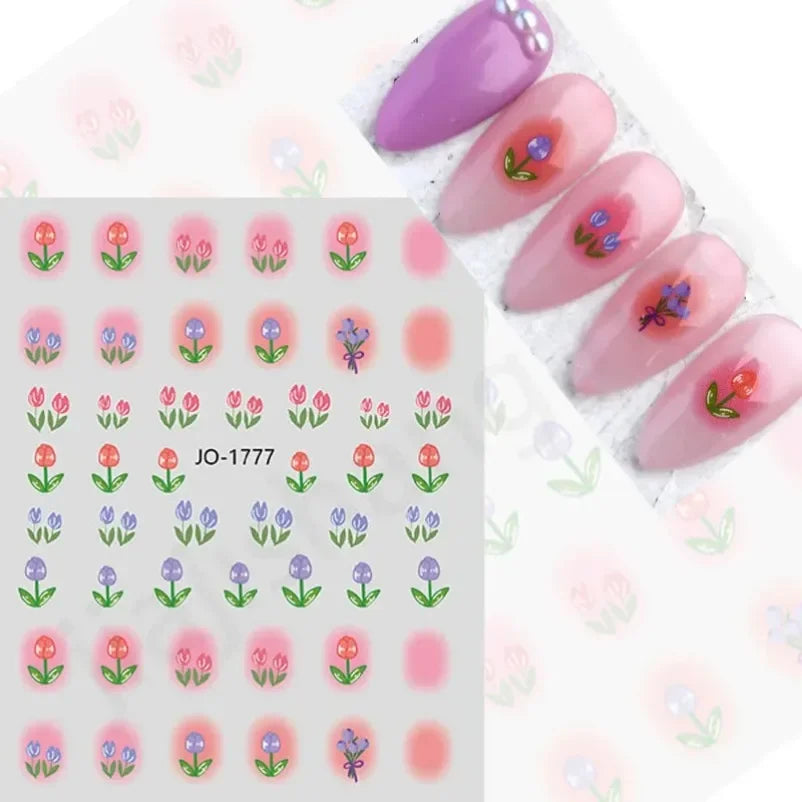 sengpan Simple Flowers 3D Nail Stickers Spring Summer Blossom Floral Tulip Fruit Nail Art Decals Adhesive Sliders Manicure Decorations