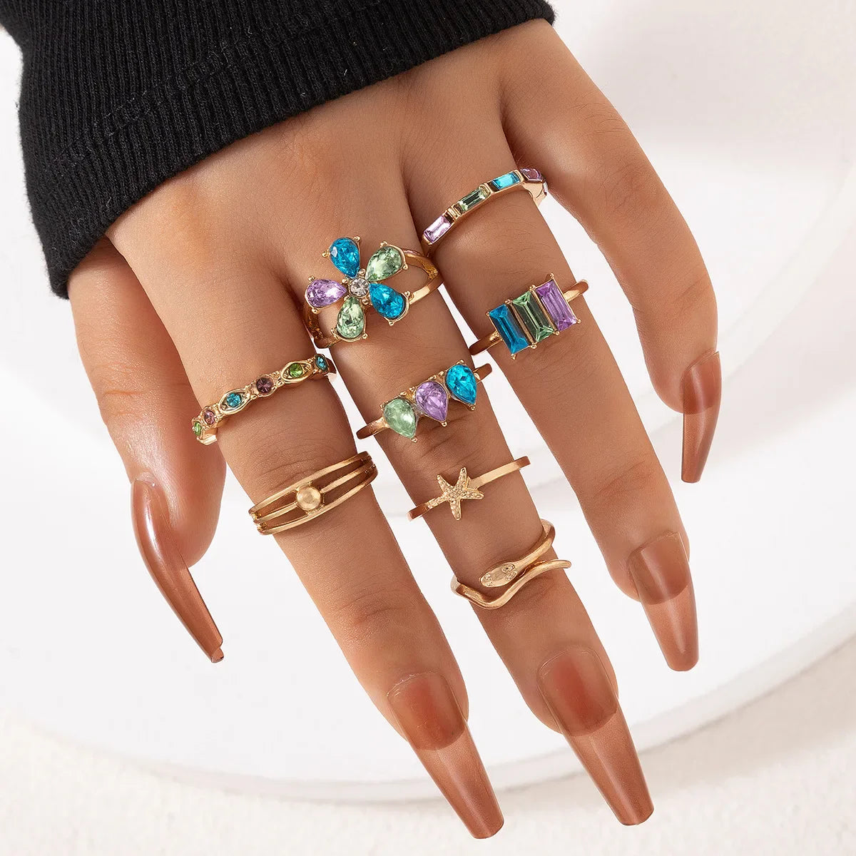 sengpan Colorful Crystal Snake Shape Ring Set For Women Fashion Butterfly Heart Gold Color Geometric Rings Female Wedding Finger Jewelry