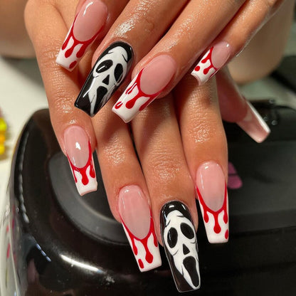 sengpan current nail trends 2023  24Pcs Halloween False Nails Long Ballet Fake Naile with Ghost Spider Web Design Coffin Press on Nails Wearable Manicure Tips