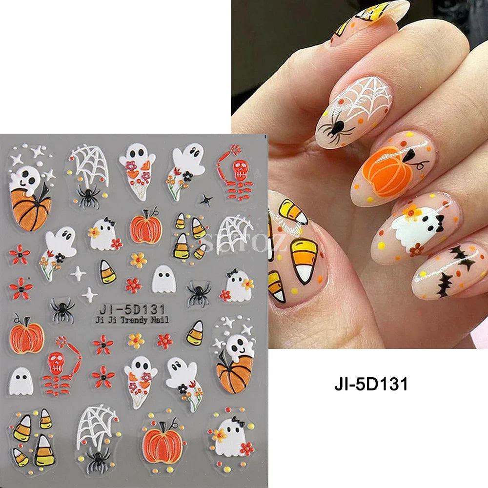 sengpan 5D Ghost Halloween Nail Art Stickers Cartoon Pumpkins Skulls Flowers Nail Decals Y2K Halloween Self-Adhesive Manicure Deco JI-5D