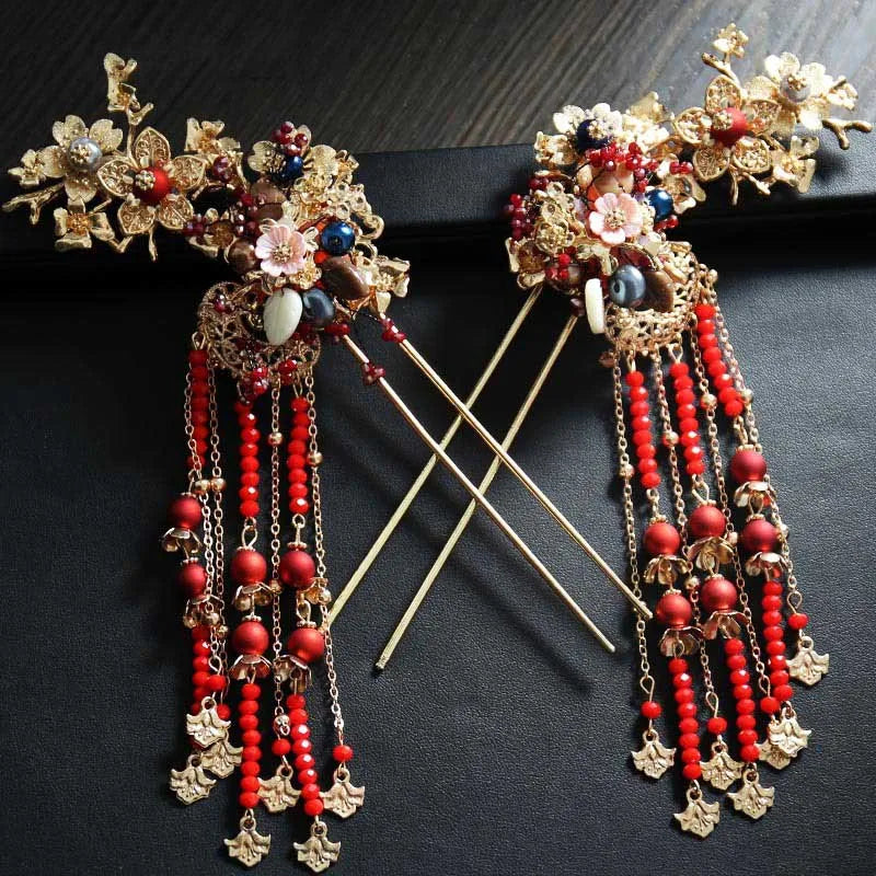 sengpan Chinese Long Hair Stick Tiara Headpiece Women Hair Accessories Headwear Flower Pearl Hair Pins Handmade Hanfu Hair Jewelry Set