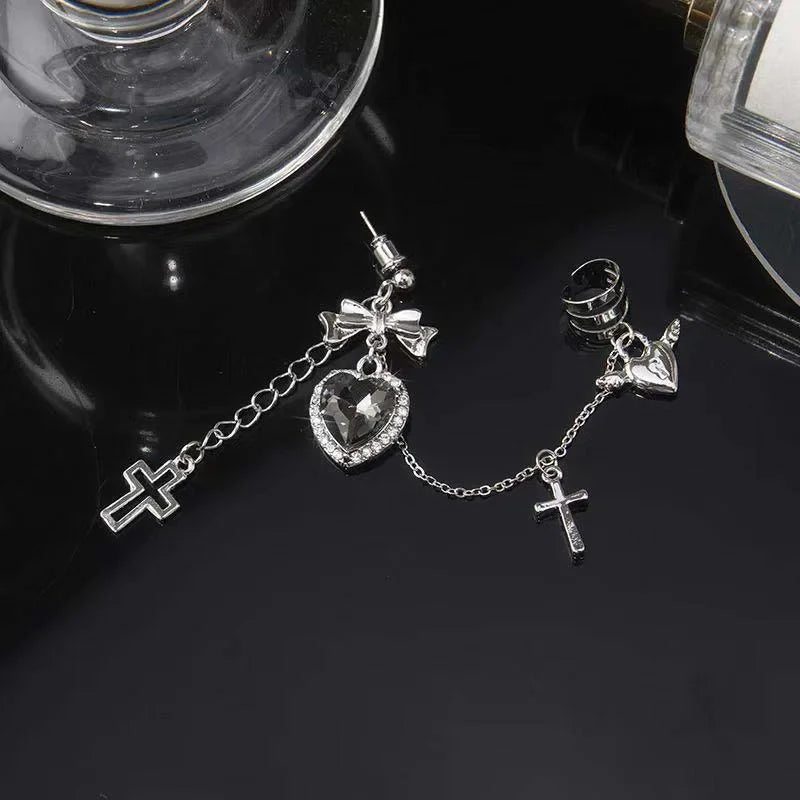 sengpan Punk Gothic Black Crystal Heart Cross Chain Ear Cuff for Men Women Hip Hop Metal Cross Ear Clip On Earrings Egirl Jewelry Gift