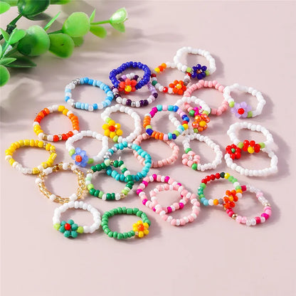 sengpan Korean Colorful Small Flower Ring Sets Bohemia Handmade Multi Beaded Rice Beads Finger Ring For Women Beach Jewelry Gifts