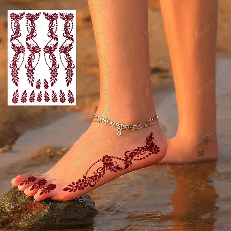 sengpan Brown Henna Tattoo Stickers for Foot Hand Flower Fake Tattoo for Women Waterproof Temporary Tattoos for Wedding Party Festival