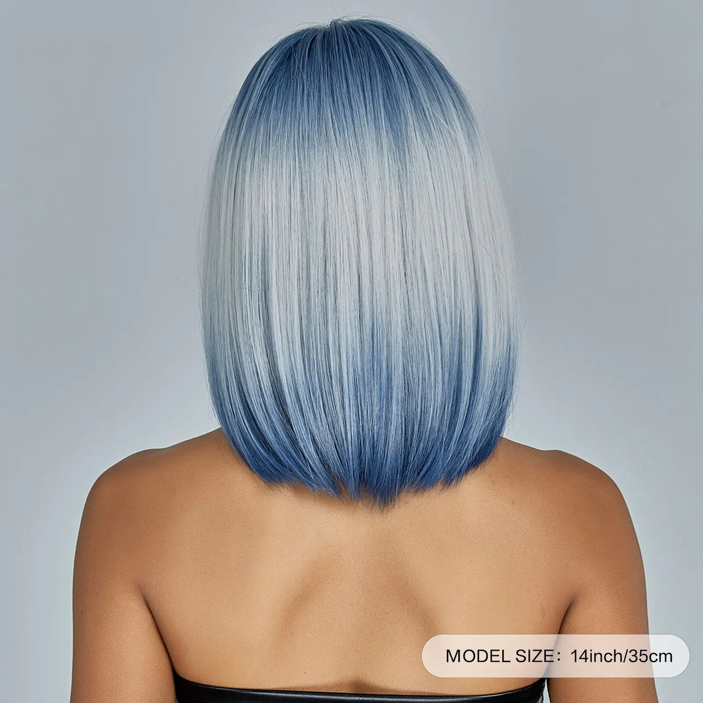 sengpan Medium Length Blue White Ombre Straight Synthetic Hair With Bangs Short Bob Cosplay Wig for Women Daily Party Heat Resistant