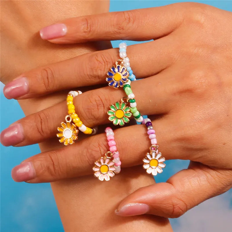 sengpan Korean Colorful Small Flower Ring Sets Bohemia Handmade Multi Beaded Rice Beads Finger Ring For Women Beach Jewelry Gifts