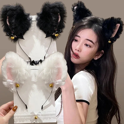 sengpan Sexy Kawaii Cat Ears Headband Women Girls Lace Bow Necklace Plush Bell Hairband Cosplay Halloween Party Costume Hair Accessories