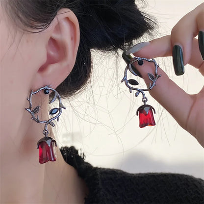 sengpan New Gothic Liquid Heart Cross Star Pendant Earrings Y2K Red Zircon Love Dangle Earring Irregular Aesthetic Tassel Earrings