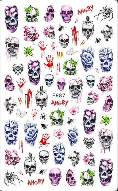 sengpan 3D Skull Pumpkin Head Bat Nail Stickers Nail Supplies Nail Sliders Halloween Stickers Nail Decorations Nail Decals