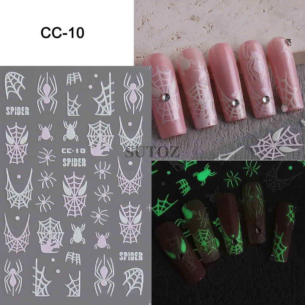 sengpan 5D Ghost Halloween Nail Art Stickers Cartoon Pumpkins Skulls Flowers Nail Decals Y2K Halloween Self-Adhesive Manicure Deco JI-5D