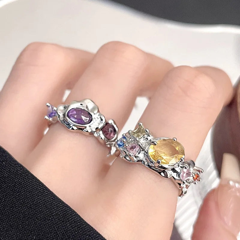 sengpan Korea Colorful Stone Oil Drip Rhinestone Trendy Geometry Rings For Women Heart Star Girls Y2k Jewelry Gifts