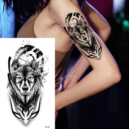 sengpan Black Forest Tattoo Sticker for Men Women Tiger Wolf Death Skull Temporary Tattoo Fake Henna Skeleton King Animal Tatoo Pattern