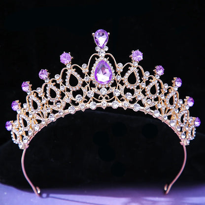 Lianfudai Luxury Elegant AB Crystal Crown Hair Accessories Tiara For Women Party Red Purple Rhinestone Bridal Crown New Hair Jewelry