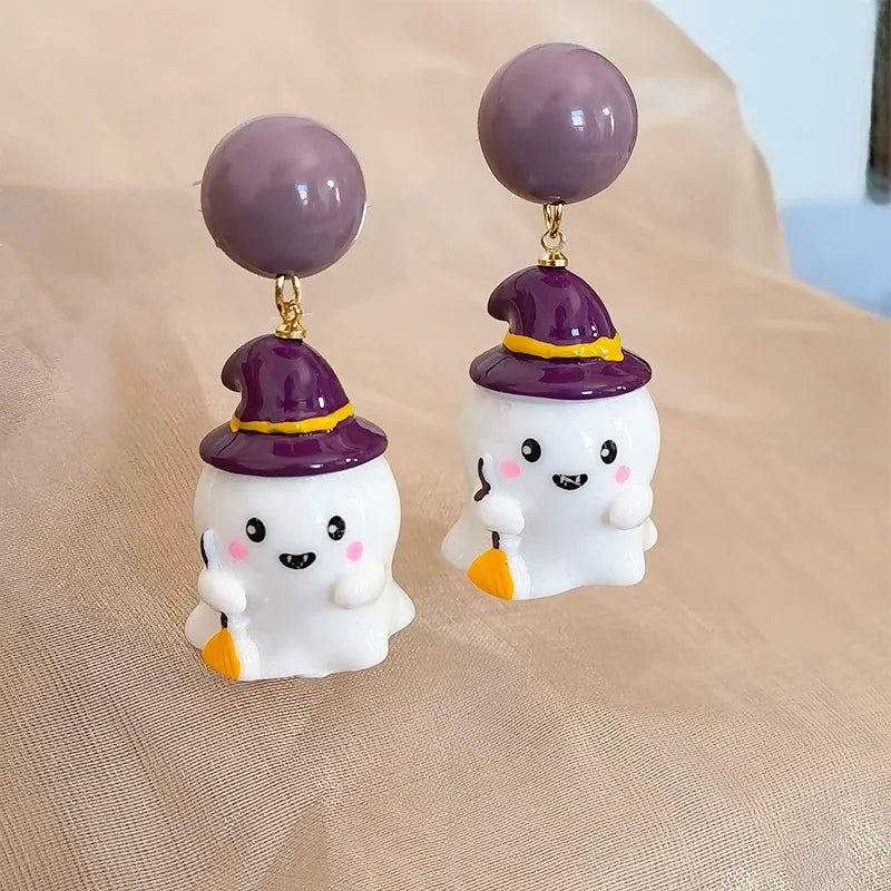 sengpan Fancy Resin Halloween Ghost Drop Earrings For Women Red Bowknot Flannel Ghost Dangle Earring Christmas Festival Party Jewelry