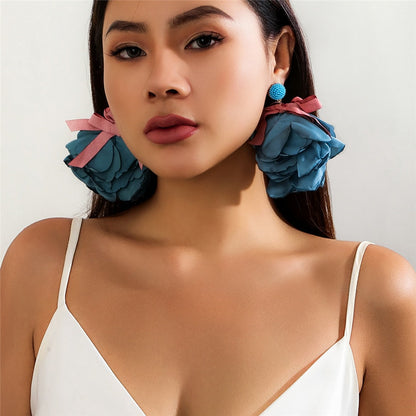 sengpan Exaggerated Colorful Large Fluffy Fabric Mesh Rose Flower Drop Earrings Women Trendy Elegant Petal Earrings Y2K Wed Accessories