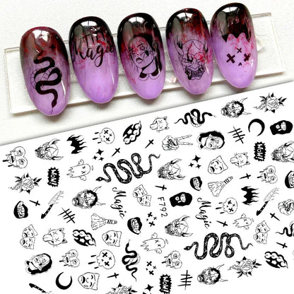 sengpan 3D Halloween Nail Stickers Clown Skull Bone Pumpkin Cartoon Spider Bat Nail Decals Self-Adhesive Nail Art Stickers Nails Decor