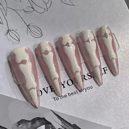 sengpan 10pcs Halloween Goth Bone Press On Nail-Glossy Long Almond Shape False Nail Sweet and Cool Full Cover Design for Women and Girls