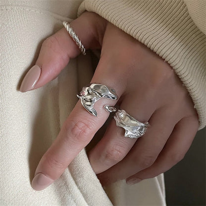 sengpan INS Minimalist Silver Color Irregular Wrinkled Surface Finger Rings Creative Geometric Punk Opening Ring for Women Girls Jewelry